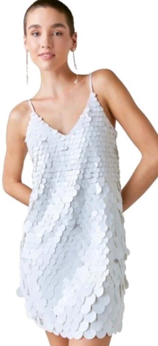 francesca's White disc Sequin V-Neck Spaghetti Strap Shift Mini Dress Women's S